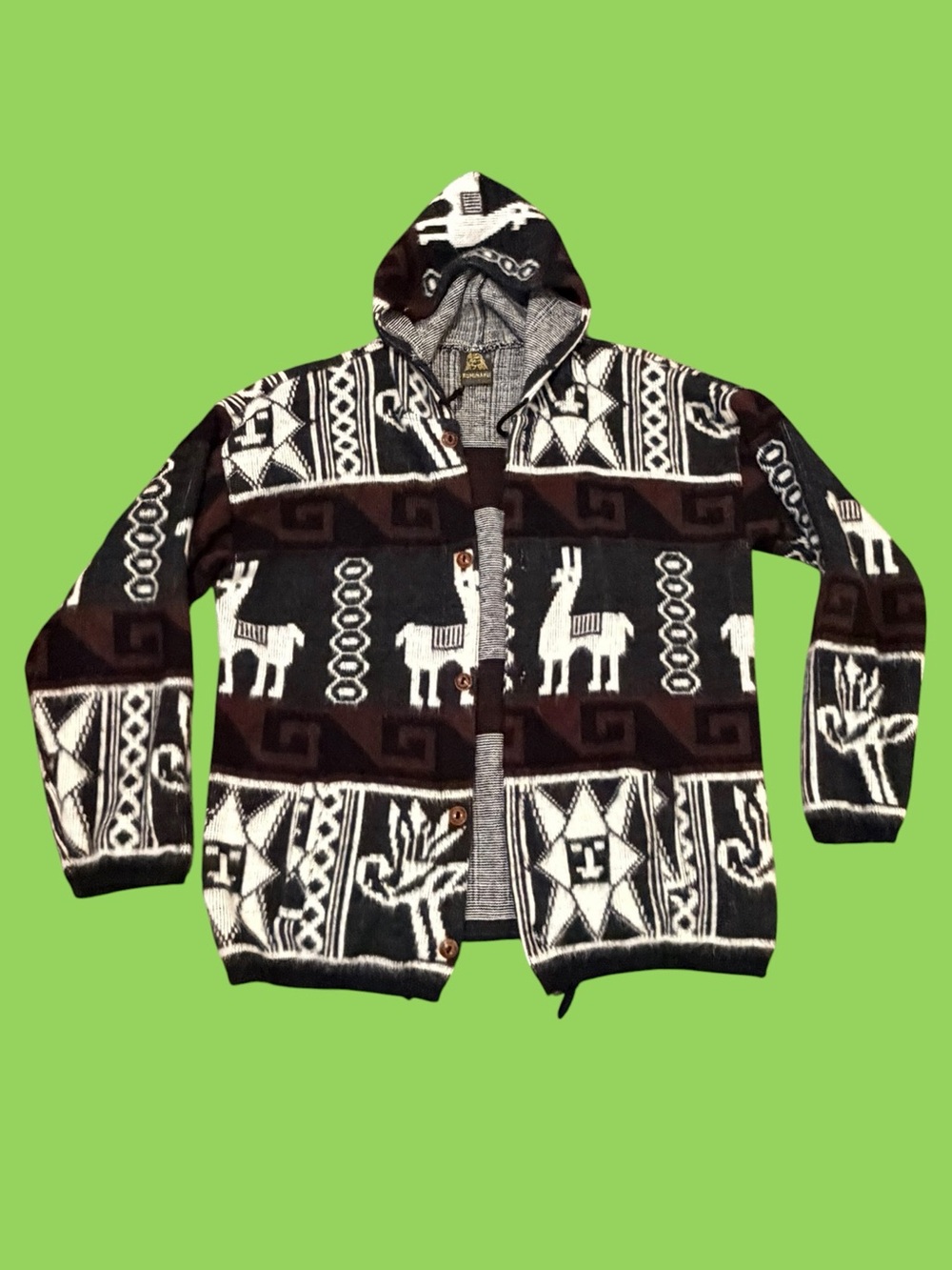 Vintage Tejidos Ruminahui Wool Alpaca Button Hooded Sweater One Size